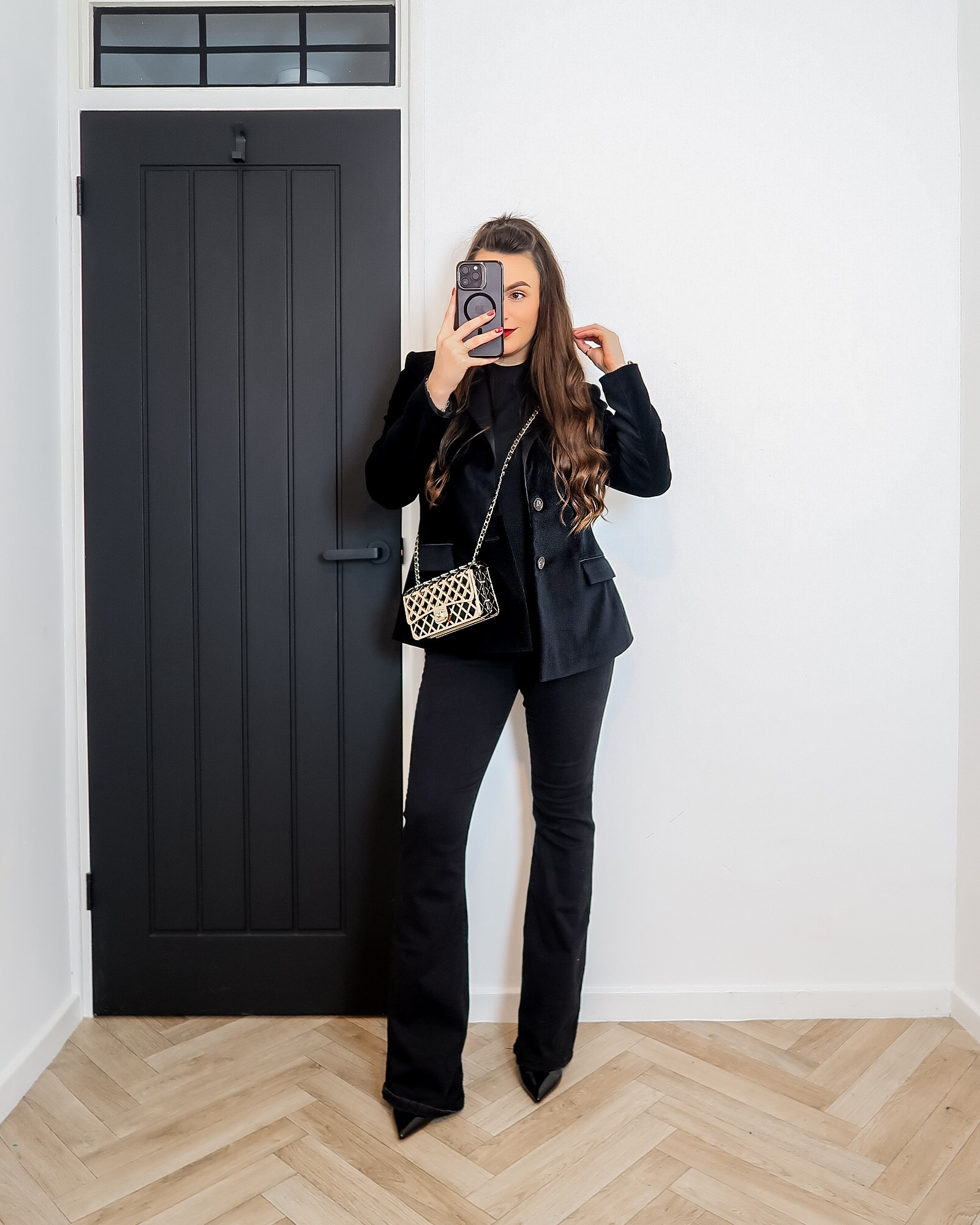 Saint + Sofia velvet blazer, black velvet jacket, holiday outfit inspo, Christmas party look, chic festive style, timeless eveningwear, black flare jeans outfit, elevated Christmas outfit, winter fashion UK, classic holiday glam, red lip makeup, Chanel gold bag outfit, modern festive style, office to party ensemble, luxe winter wardrobe 

#LTKfestive #LTKwinter #LTKuk