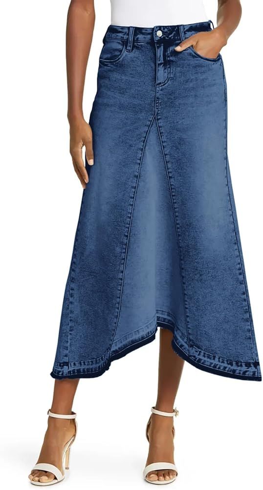 Fisoew Womens Denim Maxi Skirt Casual High Waist A-Line Frayed Irregular Hem Long Jean Skirt | Amazon (US)