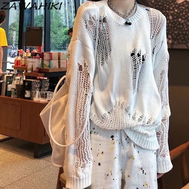 ZAWAHIKI Hollow Out Solid Y2k Fashion Knitted Tops Casual Oversize Women Clothes O Neck New Chic ... | AliExpress (US)