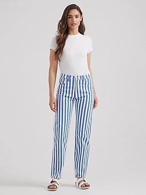 Women's Sunset Mid Rise Straight Stripe Jean in Blue Bengal Stripe | Wrangler