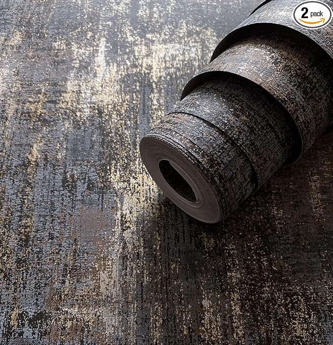 Matte Thick Textured Wallpaper Distressed Charcoal Gold Blue Wall Covering Industrial Style Non-W... | Amazon (US)