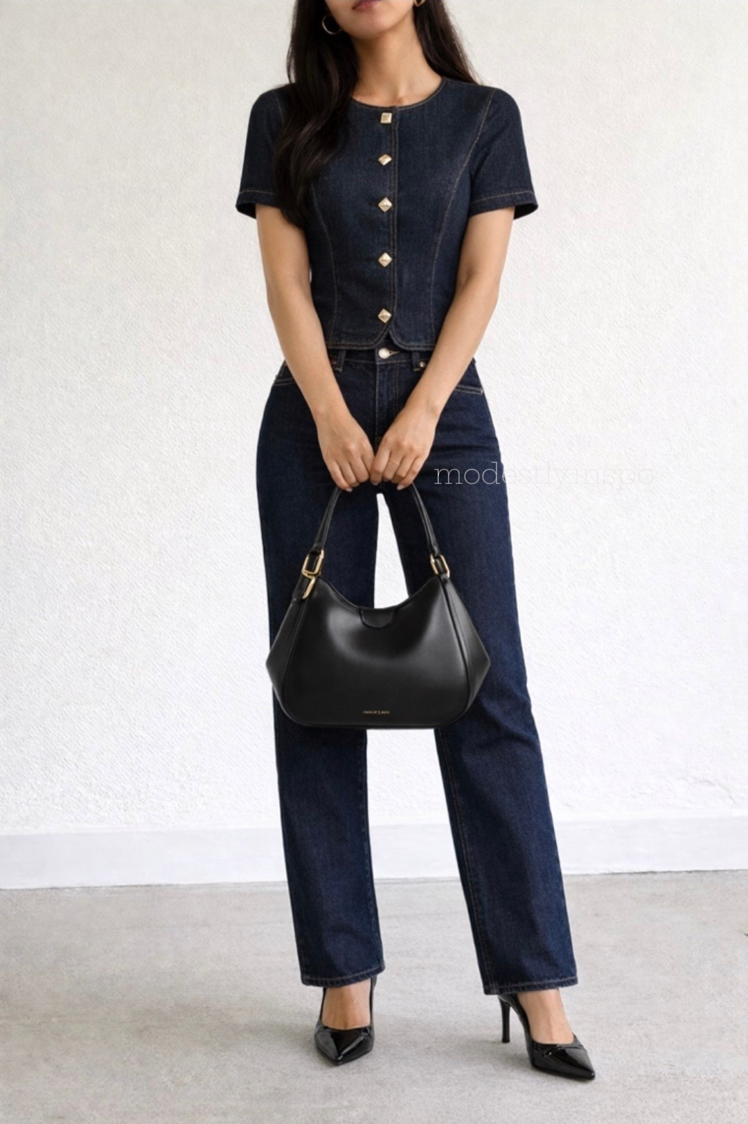 classy denim set, meshki denim set, short sleeve denim top, dark wash jeans, denim top with gold buttons, black heels, black pumps, stilettos, chic outfit, classy outfit, work outfit, going out outfit, matching sets

#LTKgrwm #LTKSaleAlert #LTKootd