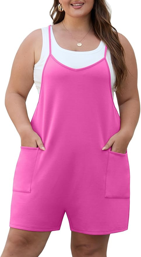 OLRIK Womens 2026 Summer Plus Size Romper Adjustable Spaghetti Strap Jumpsuits With Pockets Sleev... | Amazon (US)