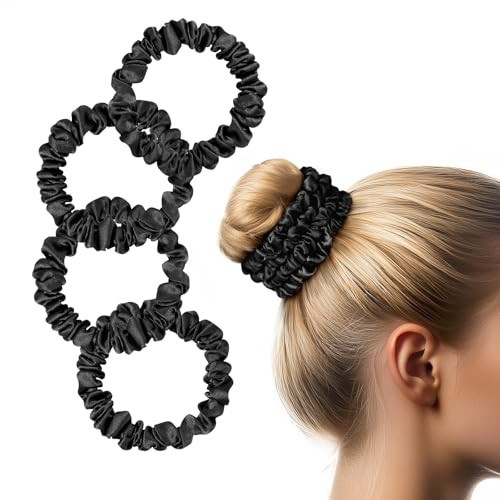 Zenssia Silk Scrunchies for Hair, 4PC Pure Mulberry Silk Hair Ties No Damage, Skinny Elastic Scrunchies for Fine & Thin Hair, Black | Amazon (US)