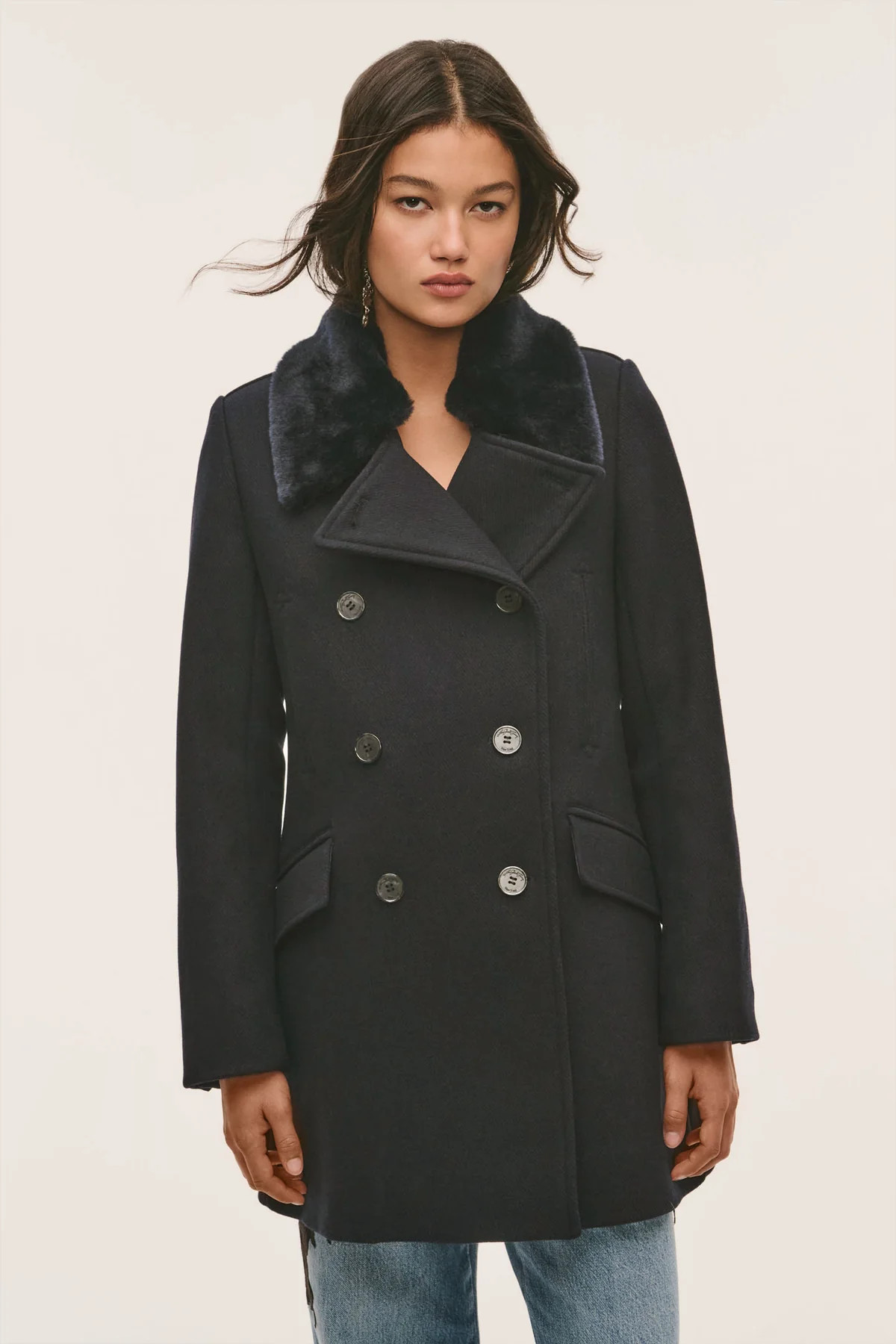 Verdine Faux Fur Collar Peacoat | LoveShackFancy
