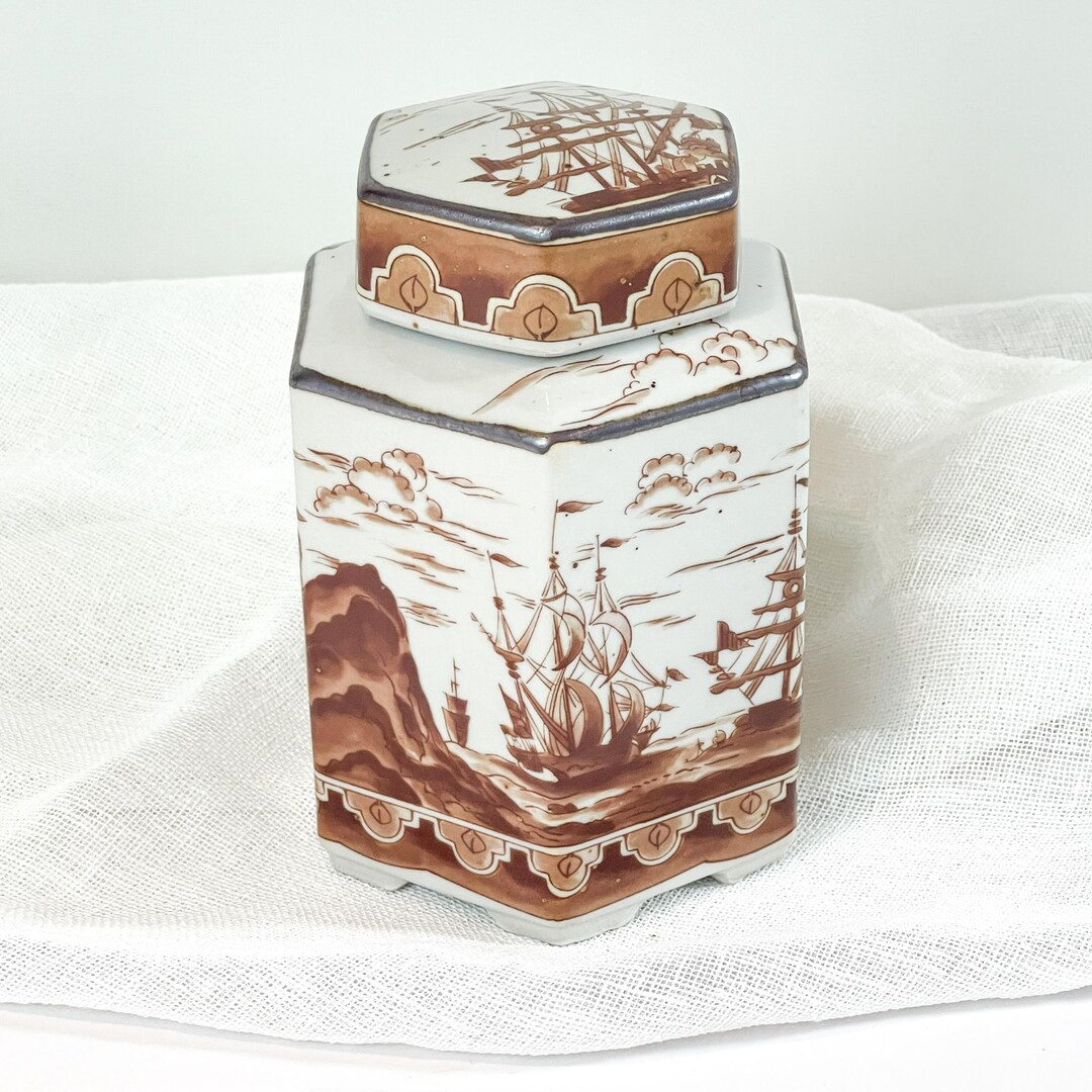 Vintage Tea or Coffee Caddy, Andrea by Sadek Brown and White Tea Container, Sailing Ships Caniste... | Etsy (US)