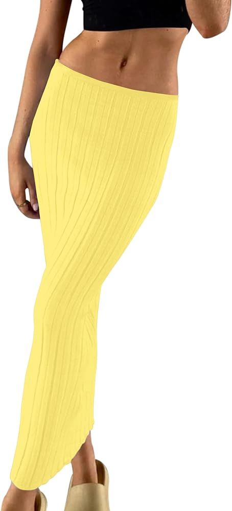 Meladyan Women High Waist Knit Long Maxi Skirt Stretchy Solid Slim Midi Skirts Strapless Bodycon ... | Amazon (US)