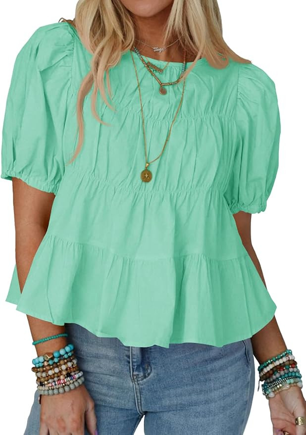 Tankaneo Womens Puff Sleeve Peplum Babydoll Tops Summer Smoked Pleated Cotton T-Shirts Casual Loo... | Amazon (US)