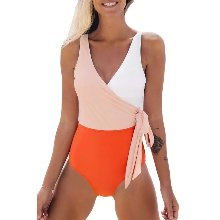 Cupshe Women's Orange Color Block One Piece Swimsuit Plunging Knotted Monokini | Walmart (US)
