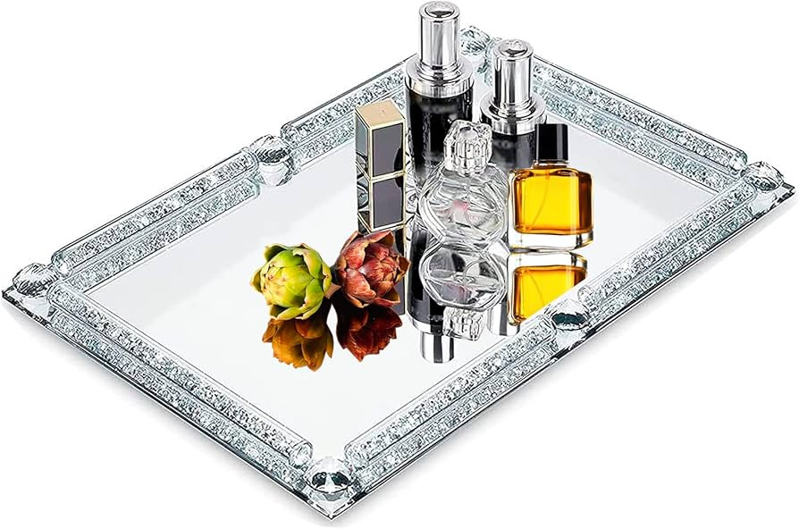 Crystal Glass Tray, Modern Mirror Jewelry Dresser Trinket Trays with Crushed Diamond, 11.8" x 7.9... | Amazon (US)