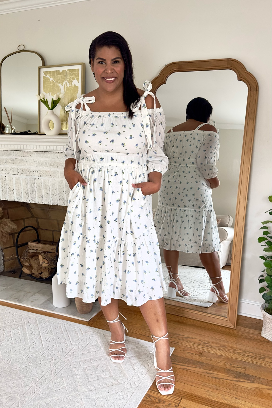knee length dresses for ladies Listicle Women's Flower Fields Tiered Floral Midi Dress in White