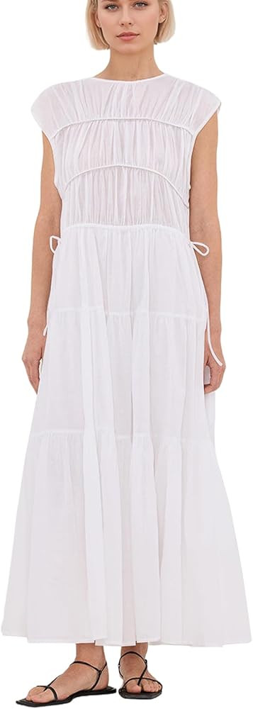 calbatic Women Pleated Ruched Tiered Maxi Dress Sleeveless Patchwork Ruffle Hem A Line Flowy Summ... | Amazon (US)