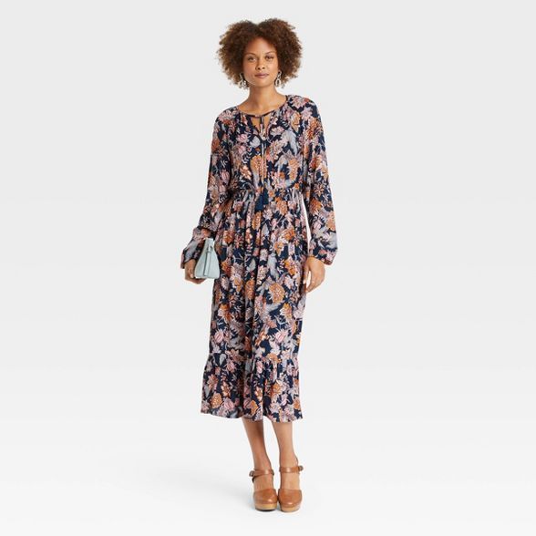 Women&#39;s Long Sleeve Smocked Dress - Knox Rose&#8482; Navy Floral M | Target