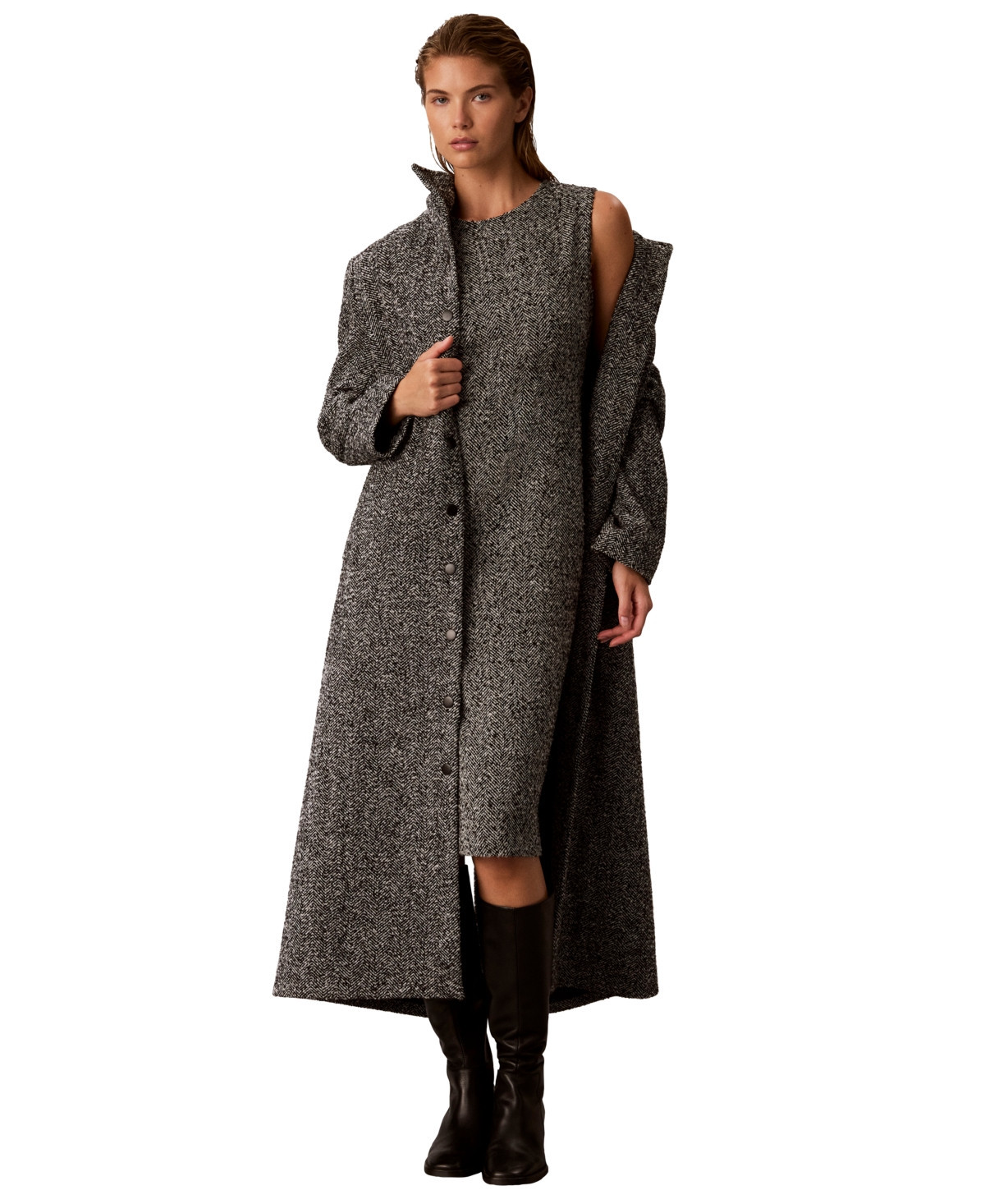 Calvin Klein Women's Funnel Neck Herringbone Long Coat - Black/Seasalt | Macy's