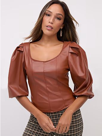 Faux-Leather Puff-Sleeve Corset Top - New York & Company | New York & Company