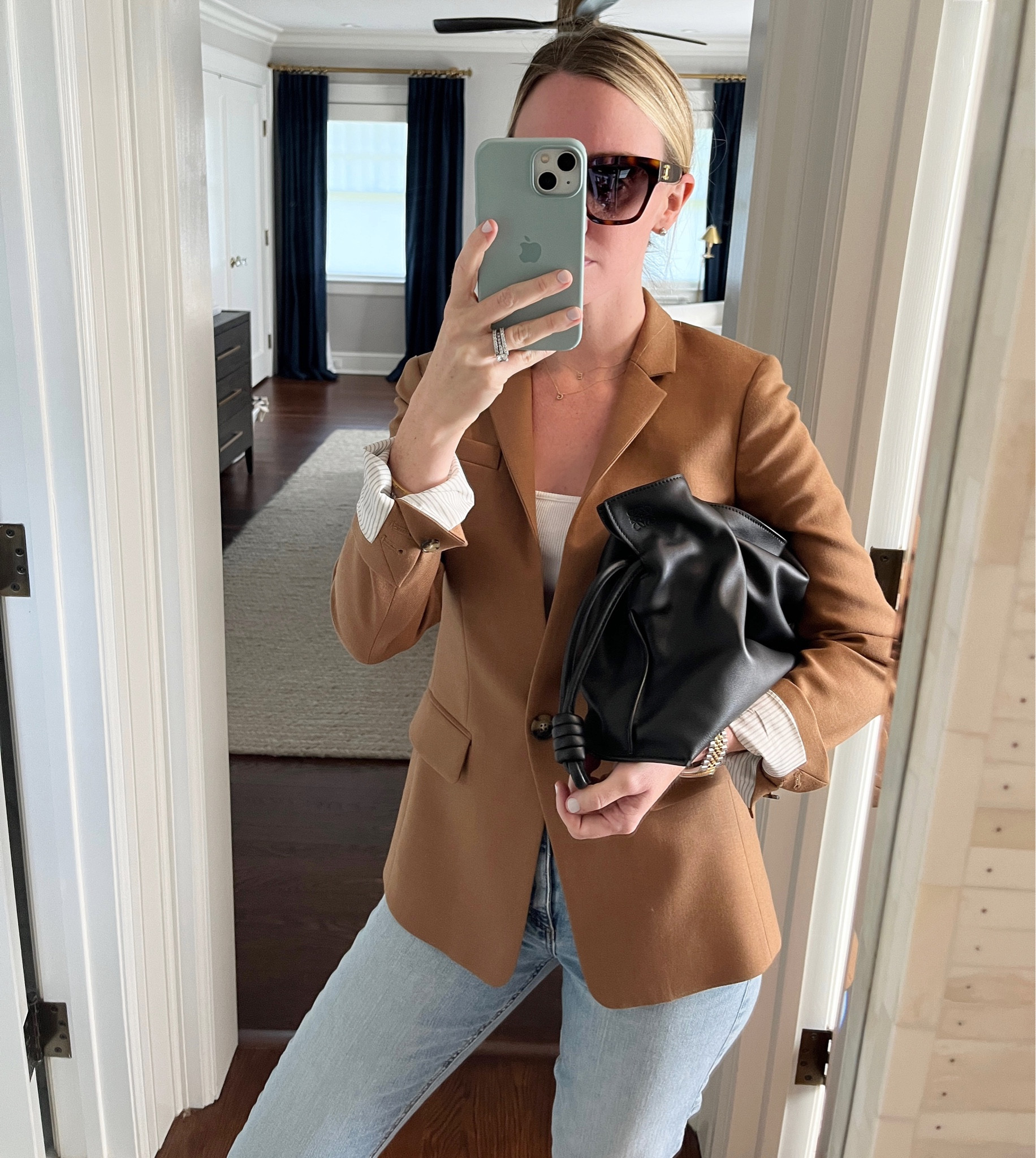 Fall things 🍂 J.Crew blazer in size 0. Loewe clutch is the regular size, not the mini. 