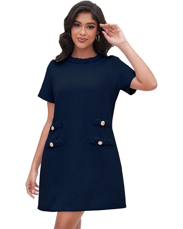 Ladyful Womens Tweed Jackie Dress Short Sleeve Elegant Crew Neck Business Party Vintage Button Bo... | Amazon (US)