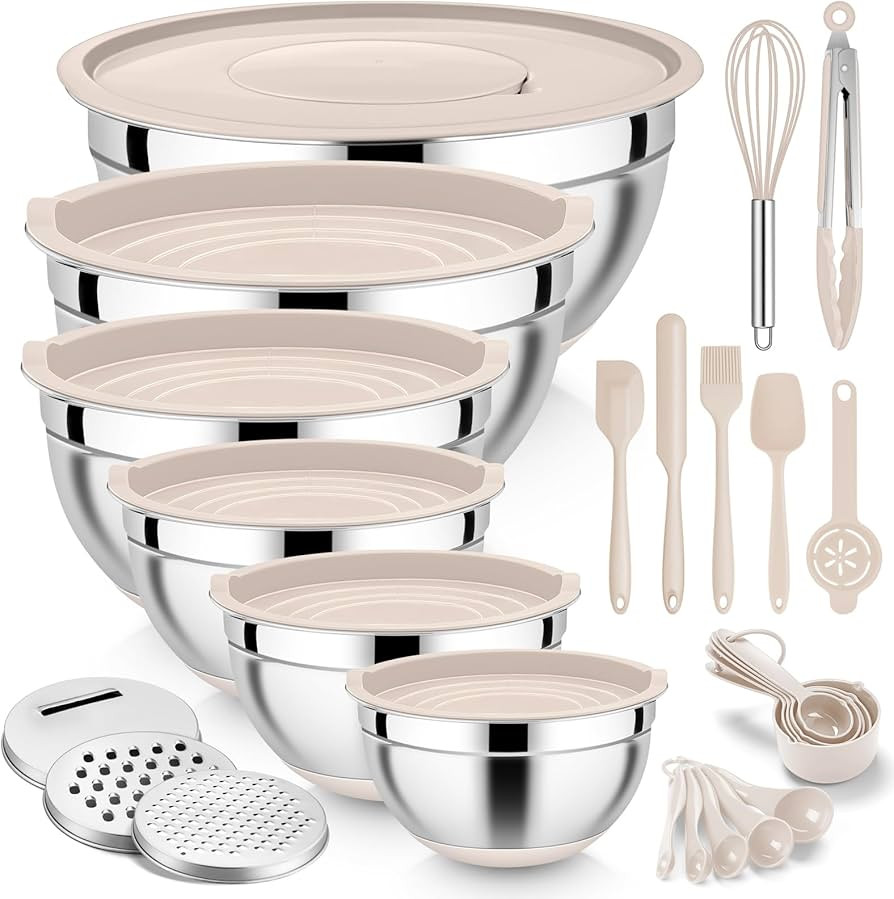 E-far 25PCS Mixing Bowls with Lid Set, Stainless Steel Nesting Prep Bowls with Grater Attachments... | Amazon (US)