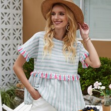 Fringe Trim Stripe Smock Blouse | SHEIN