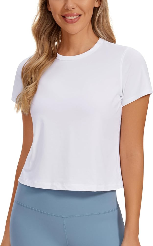 CRZ YOGA Women's Pima Cotton Short Sleeve Crop Tops High Neck Cropped Workout Tops Yoga Athletic ... | Amazon (US)