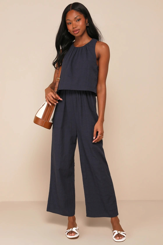 Breezy Sophistication Navy Blue Textured Wide Leg Jumpsuit | Lulus