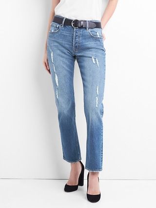 Gap Womens Cone Denim High Rise Straight Jeans With Distressed Detail (Medium) Distressed Indigo Size 24 | Gap US