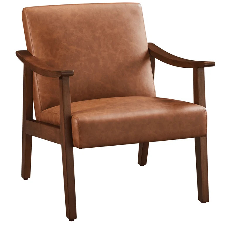 Yaheetech Mid-Century Upholstered Faux Leather Armchair with Solid Wood Legs,Brown | Walmart (US)