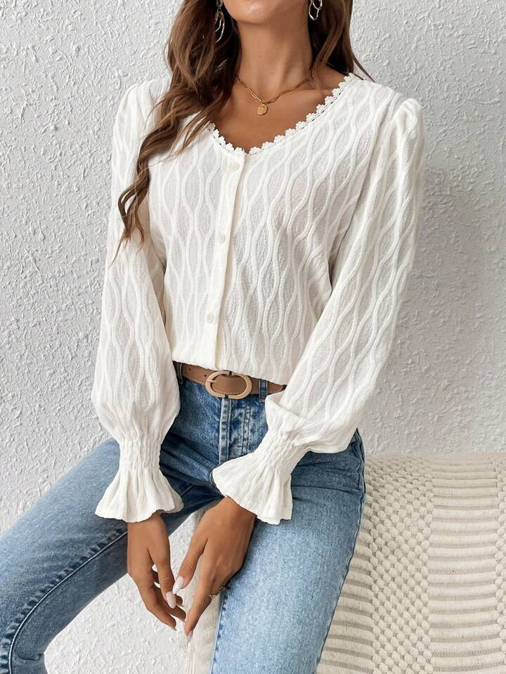SHEIN Frenchy Guipure Lace Trim Flounce Sleeve Button Front Blouse | SHEIN USA | SHEIN