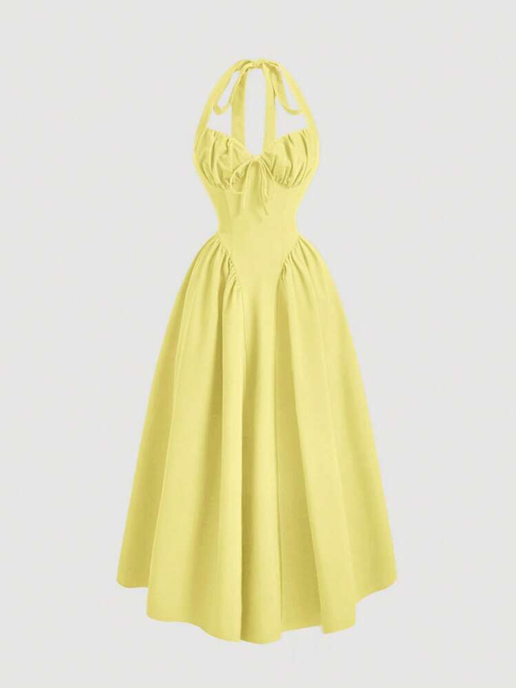 SHEIN MOD Women's Halter Neck Ruched Bow Swing Dress,Pale Yellow,Summmer,90s Retro,Picnic, Masque... | SHEIN