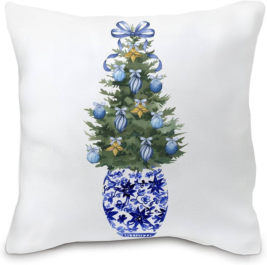 Chinoiserie Christmas Tree Pillow Cover - Blue and White 18x18, Blue Coquette Bows Tree Room Deco... | Amazon (US)