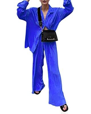 Women 2 Piece Linen Pants Set Summer Casual Outfits Long Sleeve Button Down Shirt High Waist Pant... | Amazon (US)