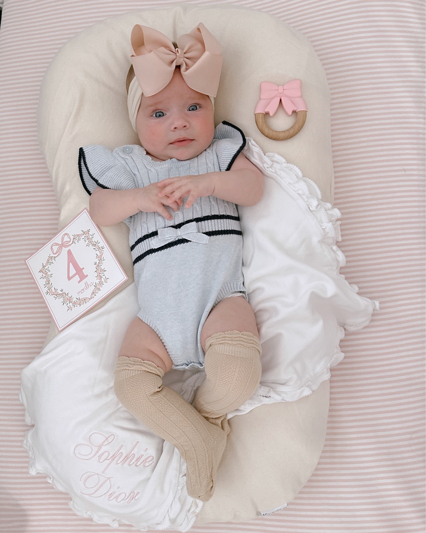 Baby girl outfit // monthly milestone cards // over the knee socks // snuggle me lounger //pink and white stripe crib sheet



#LTKBaby #LTKFamily #LTKBump