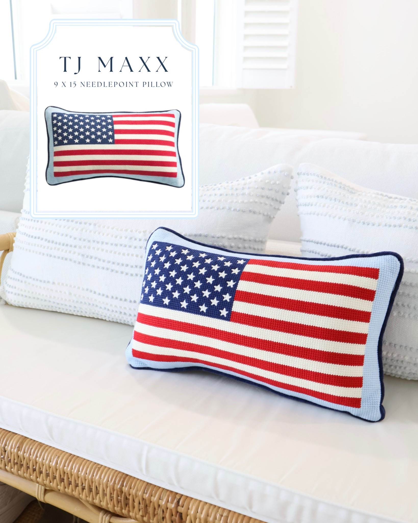 Patriotic decor find 🇺🇸 This needlepoint American flag pillow is the perfect touch for Memorial Day & 4th of July styling—classic, coastal, and under $20 🙌🏼  #summerdecor

@Marshalls @TJ Maxx 

#LTKSeasonal #LTKHome