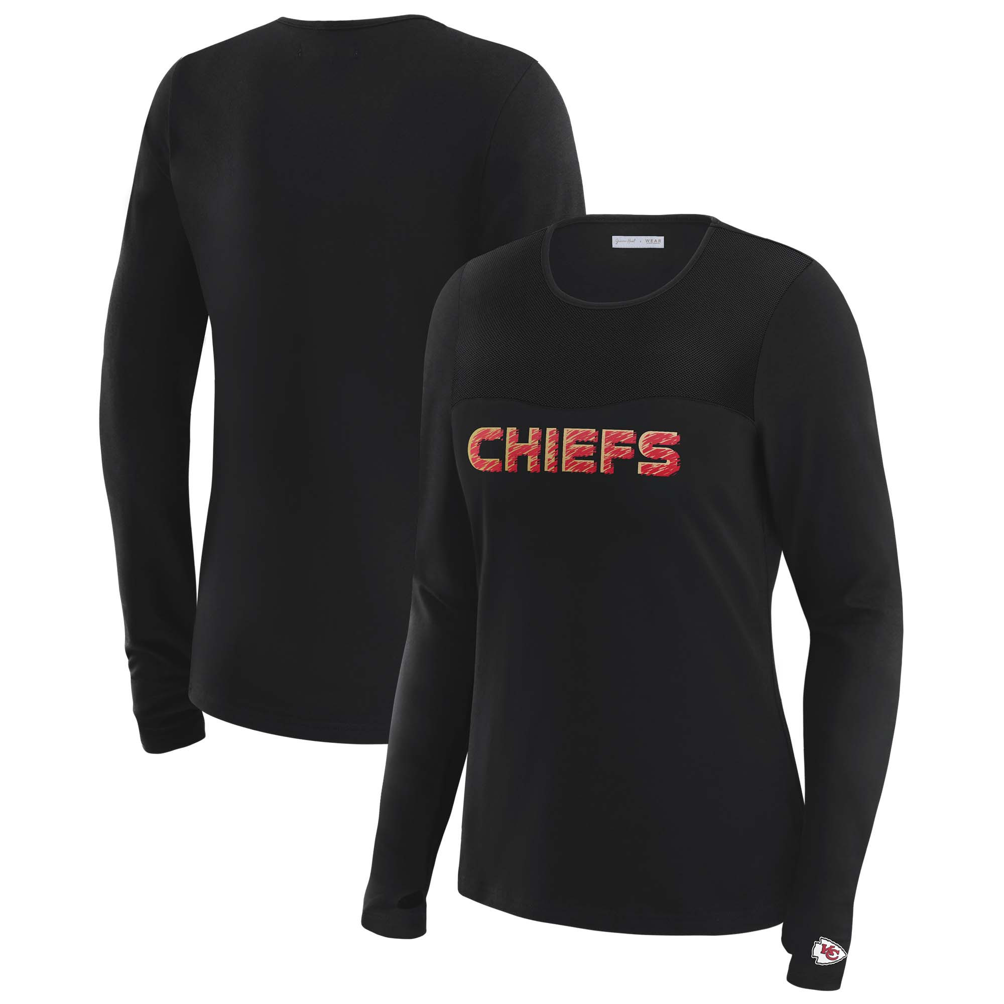 Women's WEAR by Erin Andrews x Gracie Hunt Black Kansas City Chiefs Mesh Panel Long Sleeve T-Shirt | Fanatics