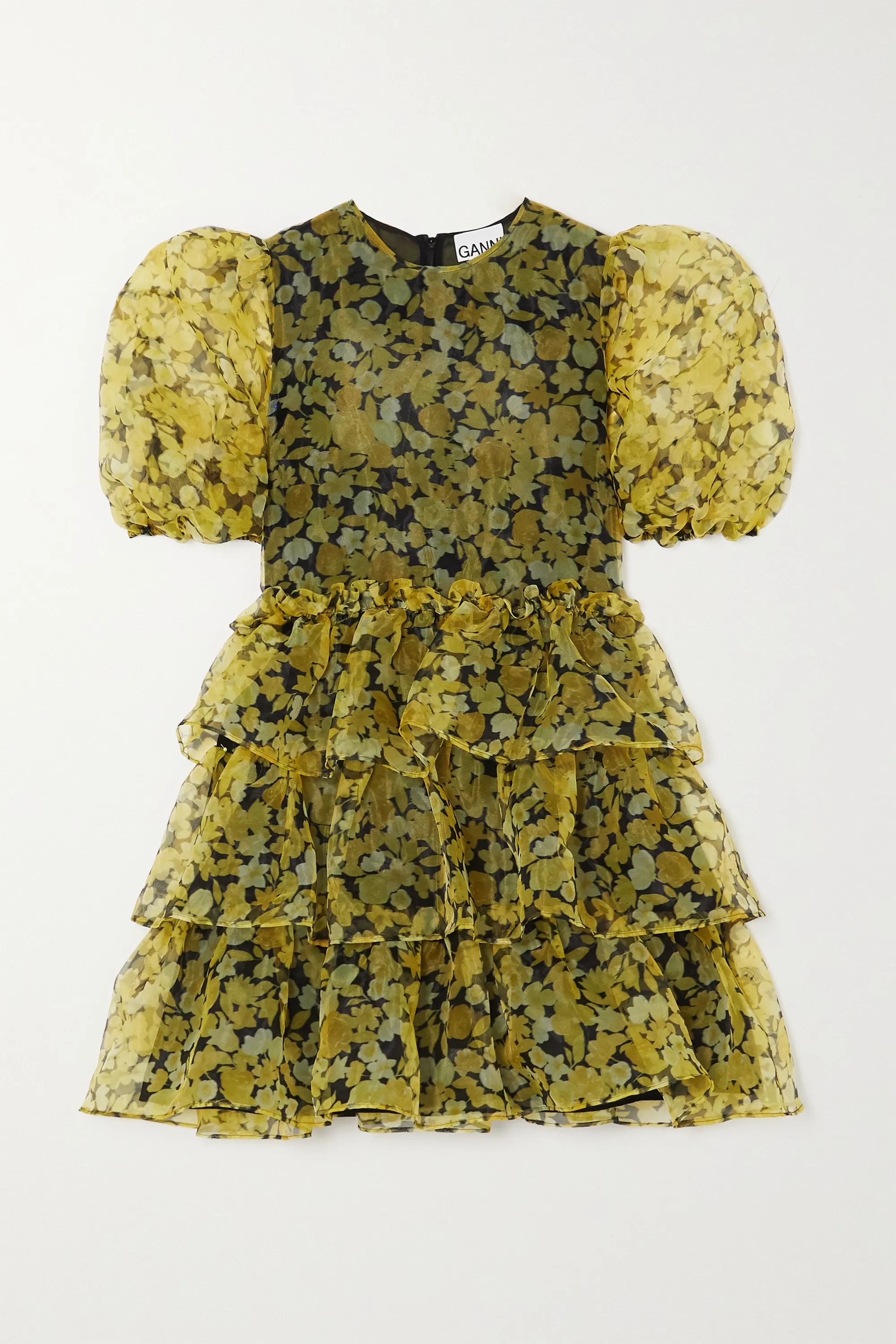 Yellow Ruffled tiered floral-print organza mini dress | GANNI | NET-A-PORTER | NET-A-PORTER (US)