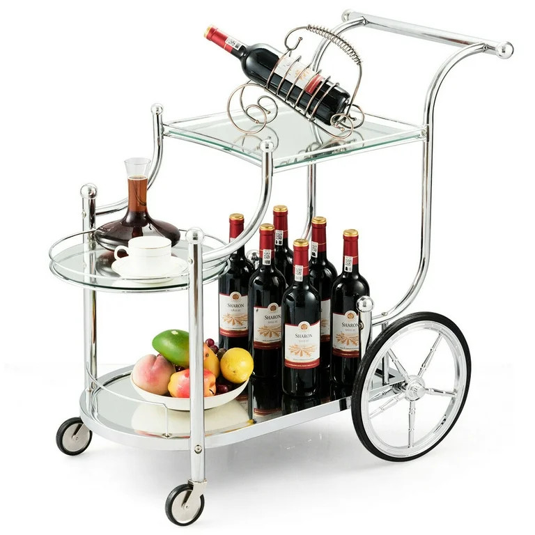 Gymax Serving Cart Kitchen Bar Wine Tea Cart Glass Shelves & Metal Frame with Wheels | Walmart (US)