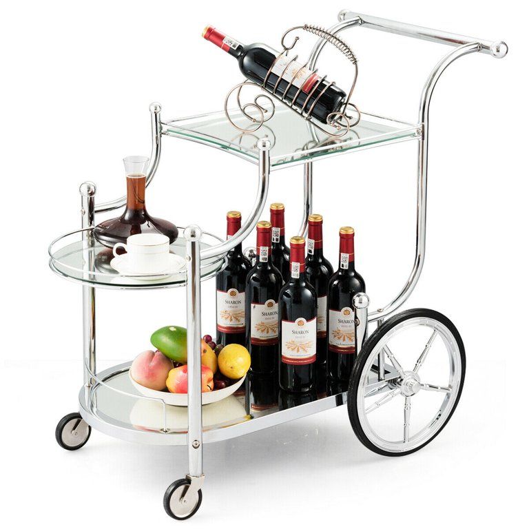 Gymax Serving Cart Kitchen Bar Wine Tea Cart Glass Shelves & Metal Frame with Wheels | Walmart (US)