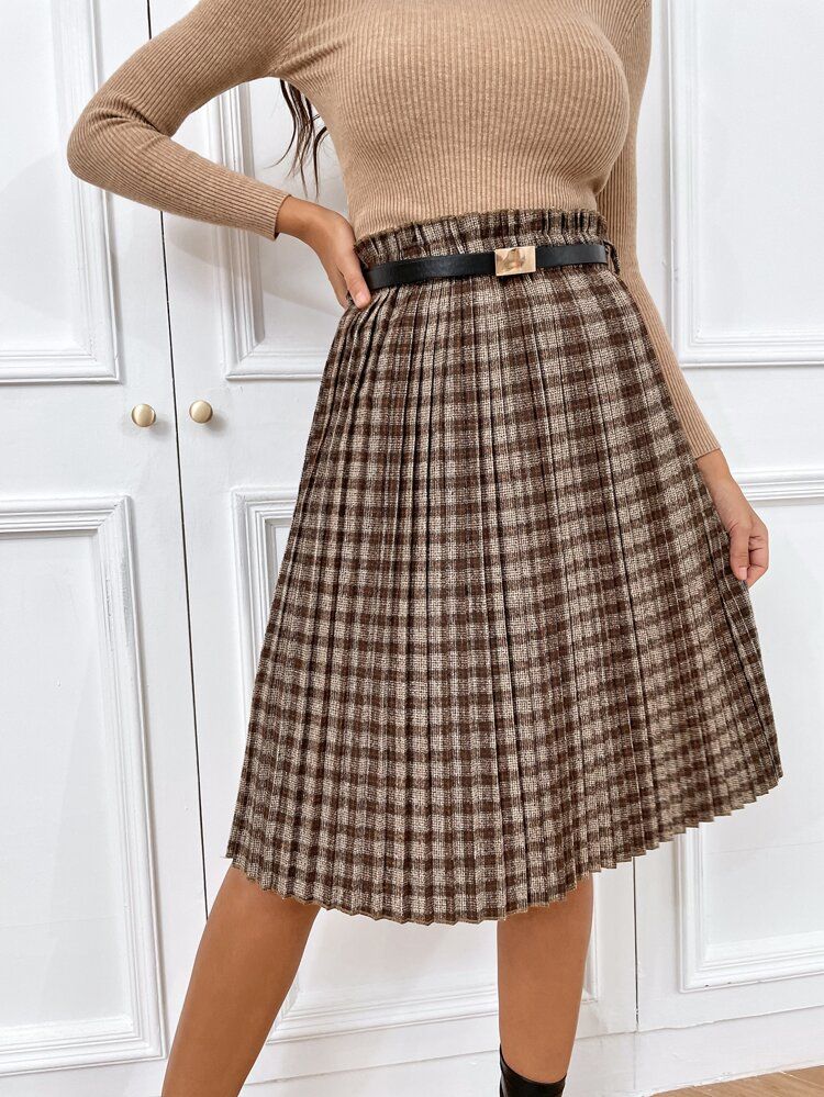 Paper Bag Waist Plaid Belted Pleated Skirt | SHEIN