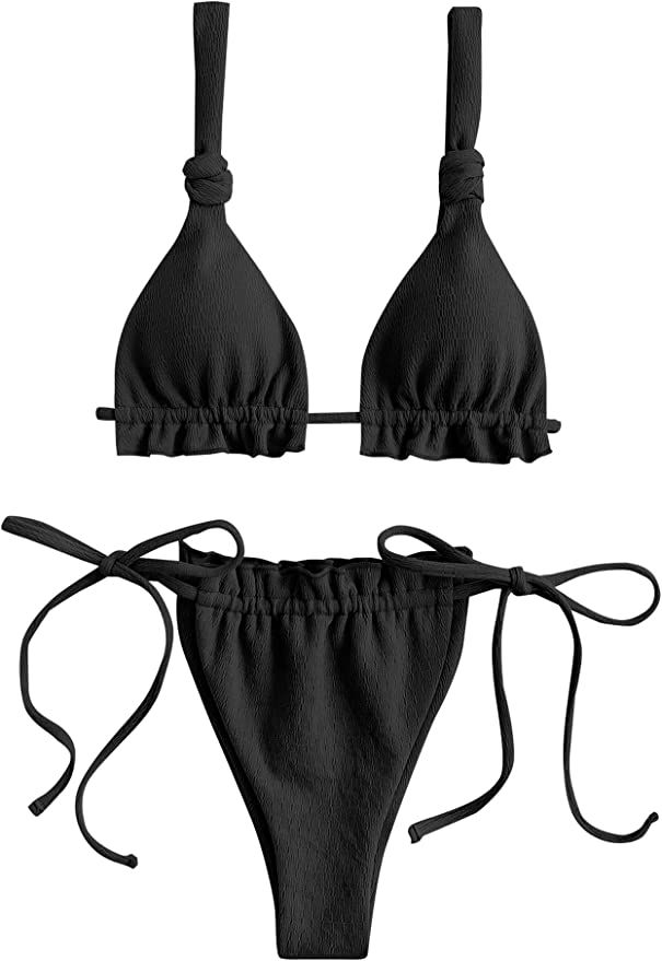 ZAFUL Womens Bikini Set Tie Knot Ruched Triangle Swimsuit Cheeky Swimwear Two Piece Bathing Suits | Amazon (US)
