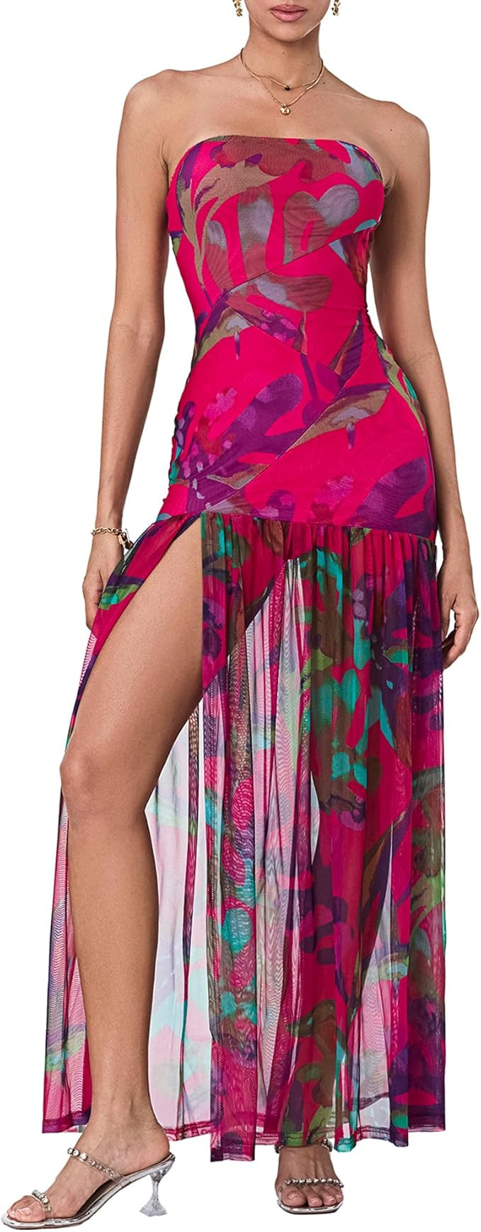 Women's Summer Tube Top Dress Strapless Backless Mesh Patchwork High Slit Maxi Party Dress | Amazon (US)