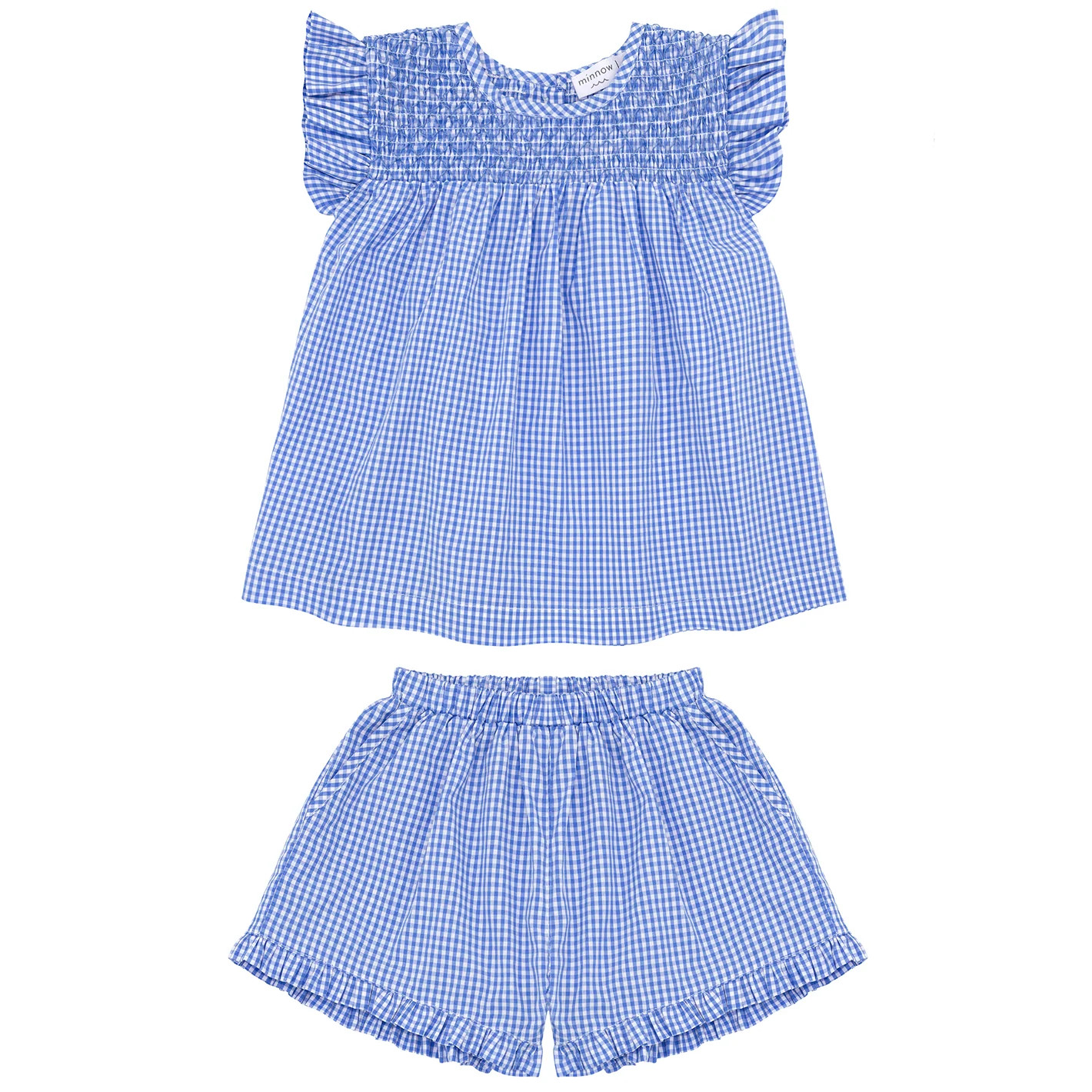 girls sky blue gingham smocked top and short set | minnow