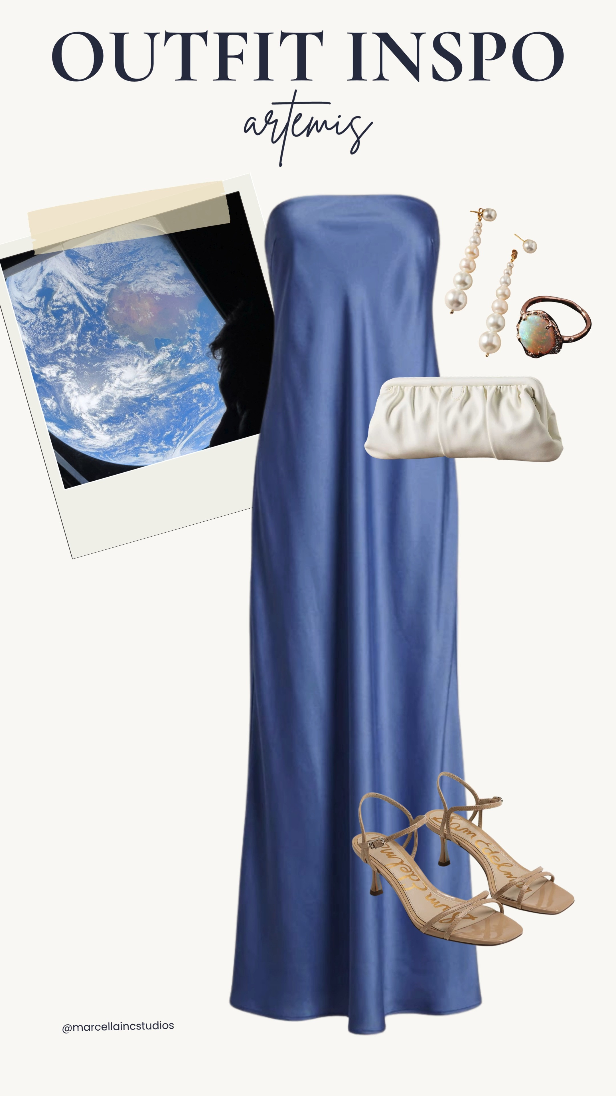 Fashion Inspo from NASA Artemis: Strapless maxi, paired with Sam Edelman strappy heel in nude, white ruched clutch, pearl drop earrings, and an opal Earth ring that looks like it was made for this moment.
#LTKStyleTip 
#satindress #outfitinspo #celestialstyle #pearls 

 #LTKMothersDay #LTKTall #LTKWedding