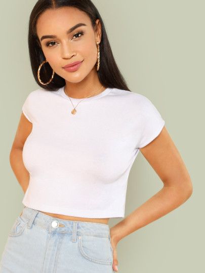 SHEIN Solid Short Sleeve Cropped Tee | SHEIN