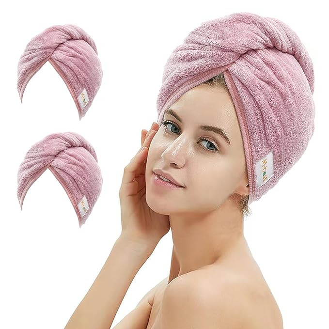 2 Pack Microfiber Hair Towel Wrap,Hair Drying Towel with Button Design,Head Towel to Dry Curly Ha... | Amazon (US)