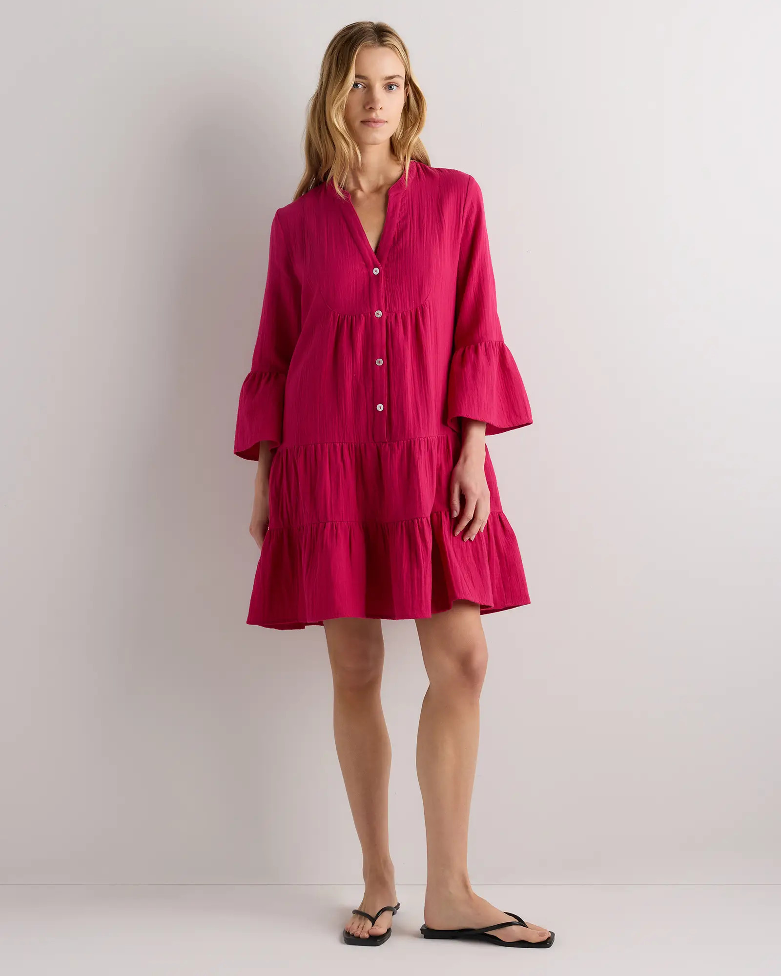 100% Organic Cotton Gauze Long Sleeve Tiered Mini Dress | Quince