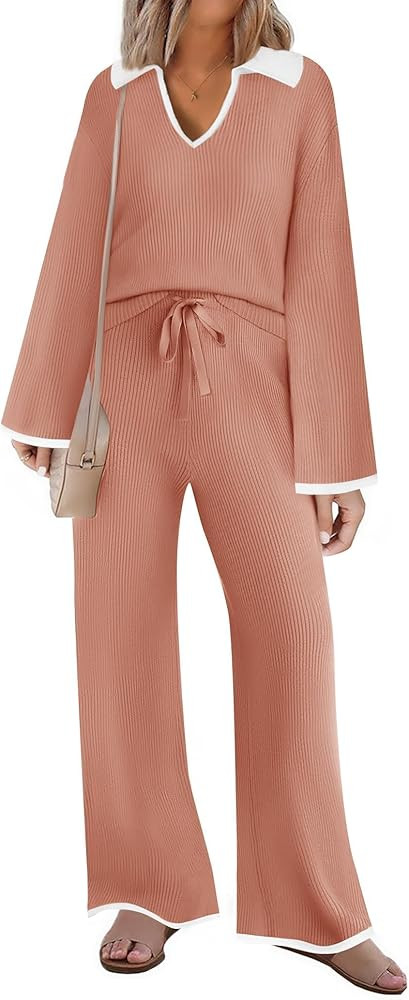 ZESICA Women's Two Piece Thin Sweater Lounge Sets 2024 Fall Winter Oversized Knit Pullover Wide L... | Amazon (US)