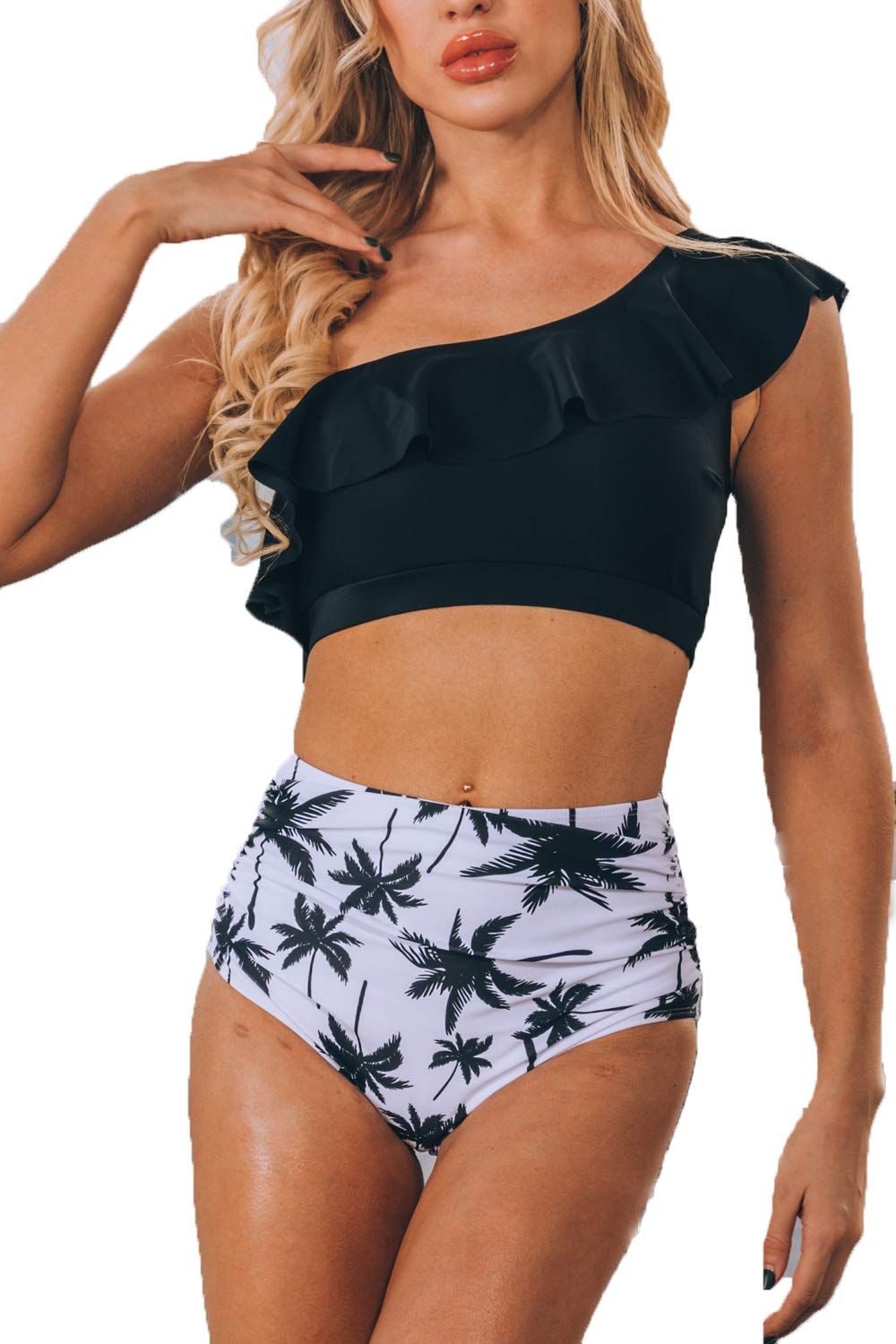 ioiom Women Two Piece Swimsuit High Waisted One Shoulder Ruffled Bikini Set | Amazon (US)