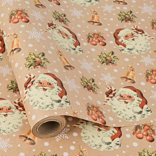 Dlyrroba Kraft Christmas Wrapping Paper Roll - Vintage Santa Claus Candy Cane Bells Design Holiday Gift Wrap for Kids Winter Celebrations - 17in X 16.5ft | Amazon (US)