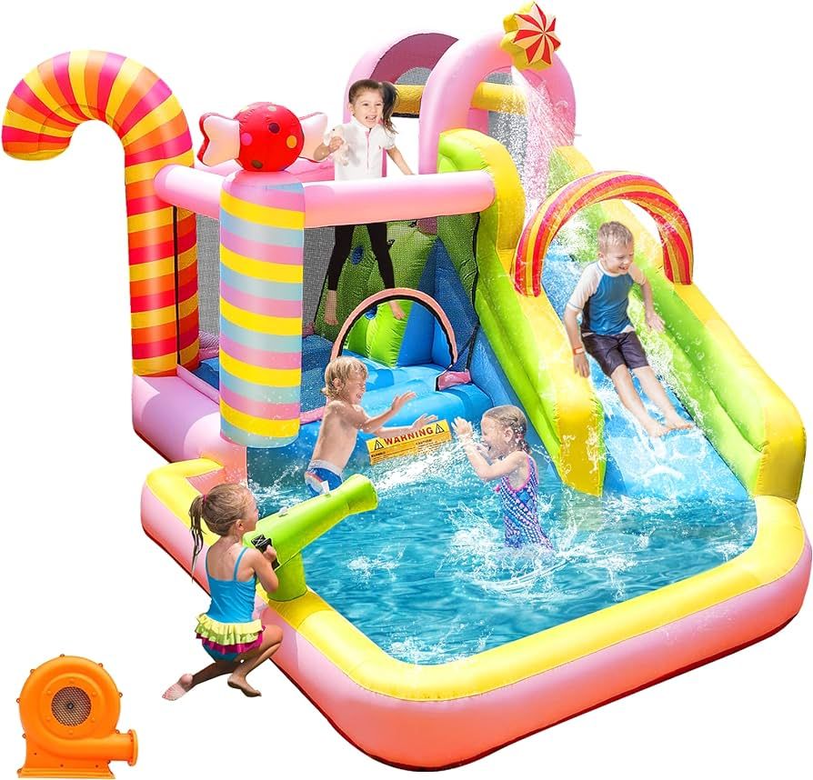 Inflatable Bounce House Water Slide, 6 in 1 Sweet Candy Water Park, Wet Dry Combo Bouncy Castle w... | Amazon (US)