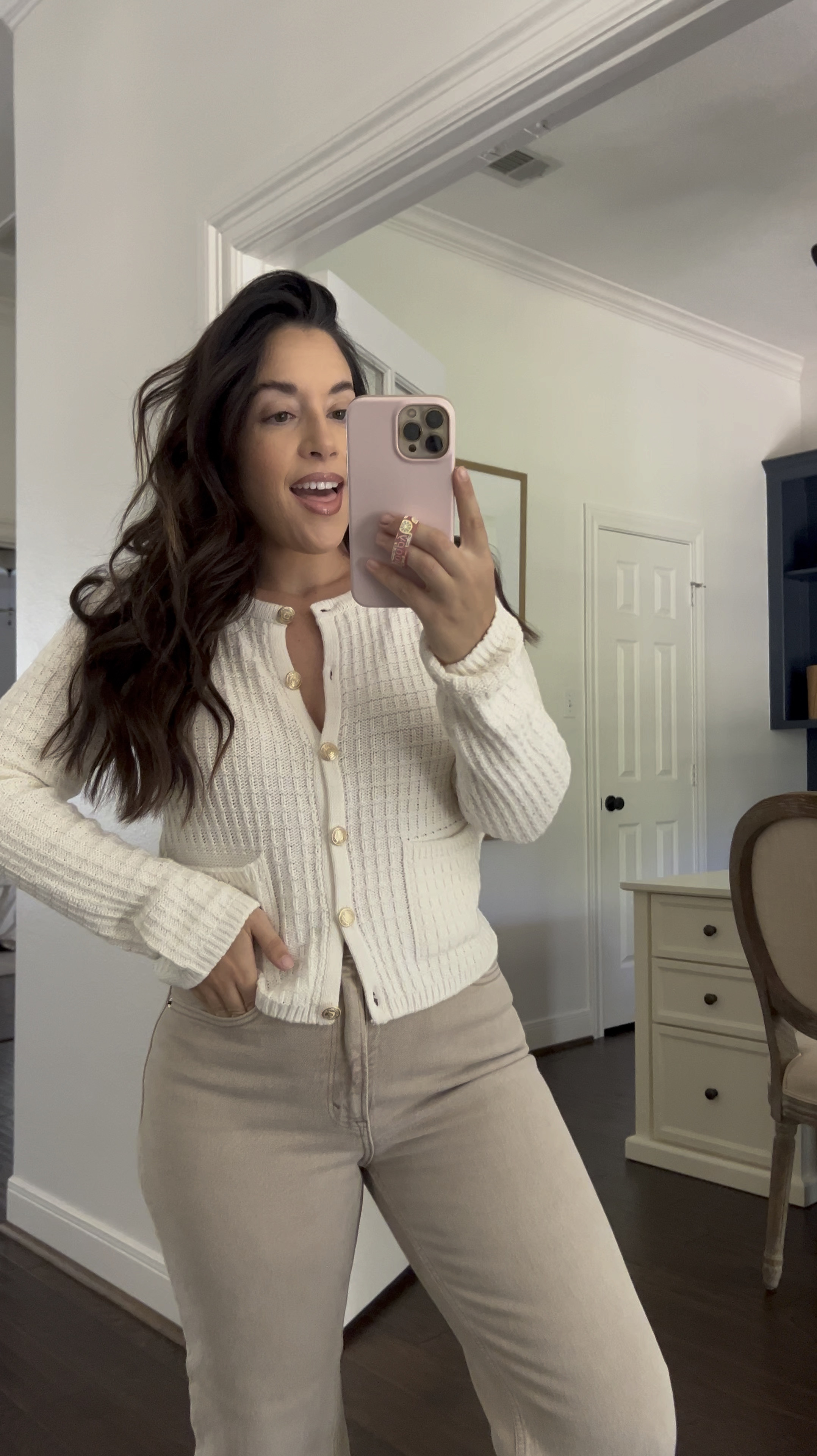 Beautifully detailed cardigan sweater. Gold buttons. Textured cream perfect as a button up with nothing under it or pair it over dresses blouses you name it the perfect cardigan for fall winter and holiday styling. 

#LTKHoliday #LTKSeasonal #LTKVideo